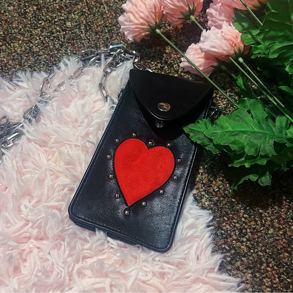 LaModa Cross Body Goth Black Phone Case Holder with Heart and Spikes
